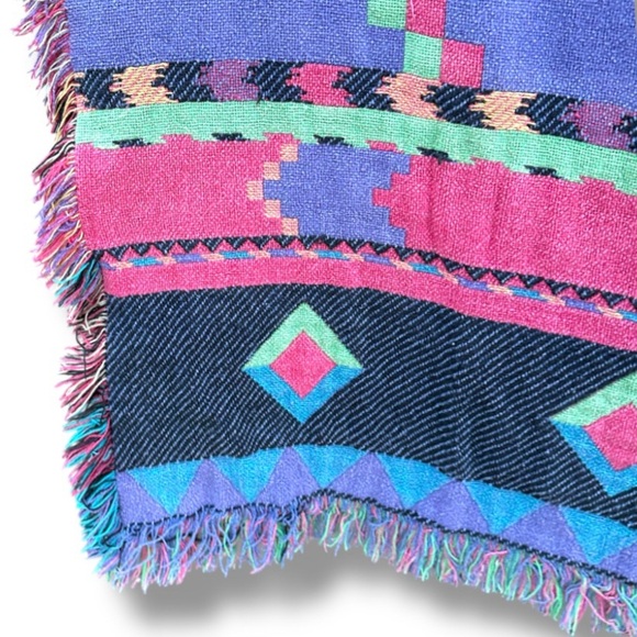 Vintage 80s/90s Kilim Pastel Aztec Blanket Full Throw Fringed Border Boho - Picture 6 of 7